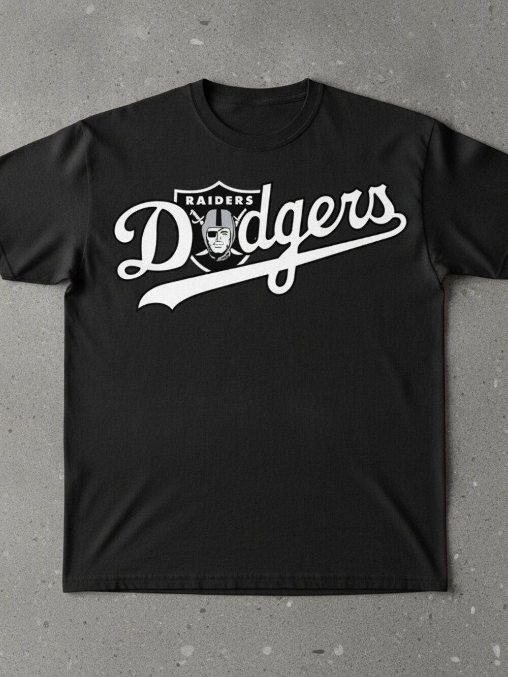 LA Dodgers Raiders Mashup Script Logo Black Unisex Fan T-Shirt